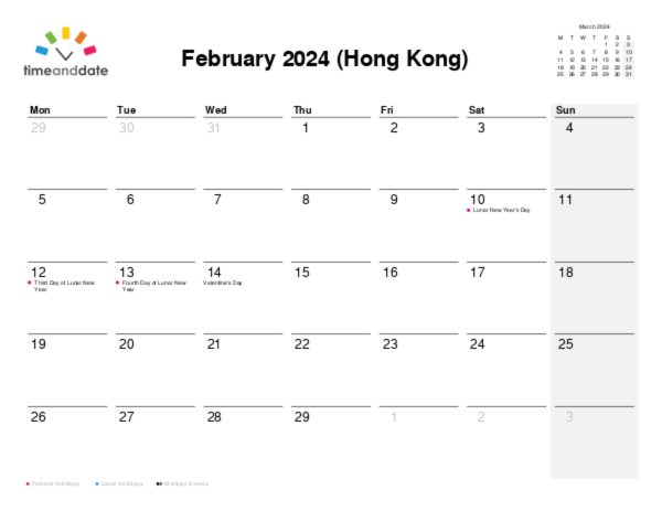Calendar for 2024 in Hong Kong