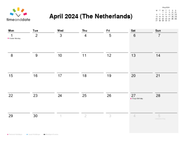 Calendar for 2024 in The Netherlands