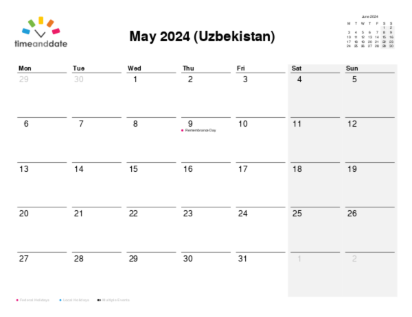 Calendar for 2024 in Uzbekistan