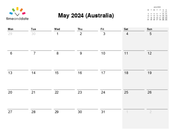 Calendar for 2024 in Australia