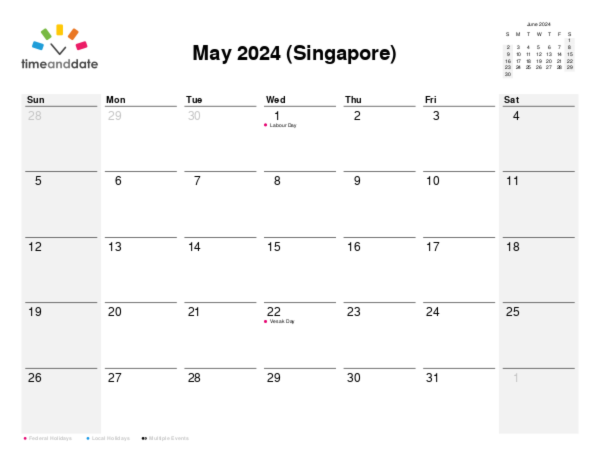 Calendar for 2024 in Singapore