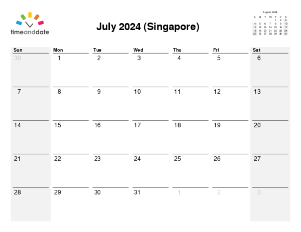 Calendar for 2024 in Singapore