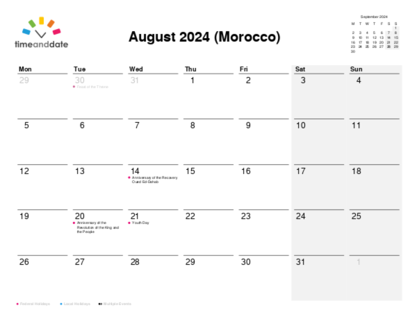 Calendar for 2024 in Morocco