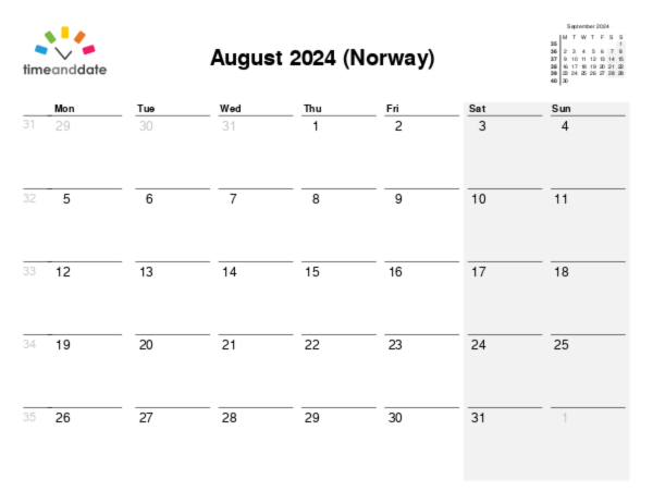 Calendar for 2024 in Norway