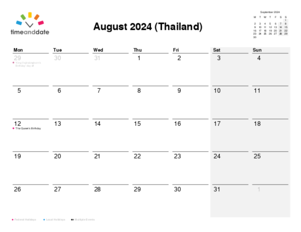 Calendar for 2024 in Thailand