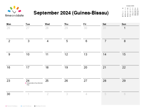 Calendar for 2024 in Guinea-Bissau