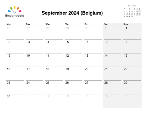 Calendar for 2024 in Belgium