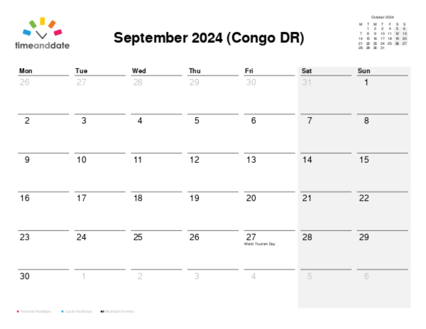 Calendar for 2024 in Congo DR