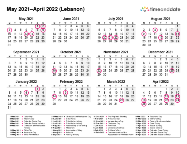 Calendar for 2021 in Lebanon