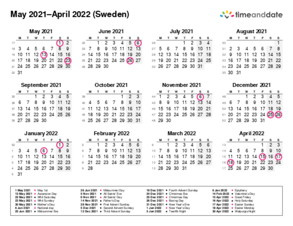 Printable Calendar 2021 For Sweden Pdf