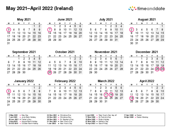 Calendar for 2021 in Ireland