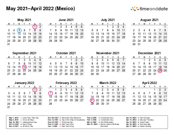 Printable Calendar 2021 for Mexico (PDF)