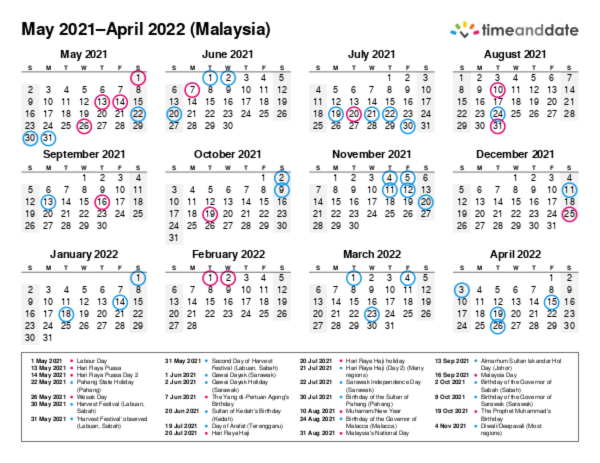 Printable Calendar  2022  for Malaysia  PDF 