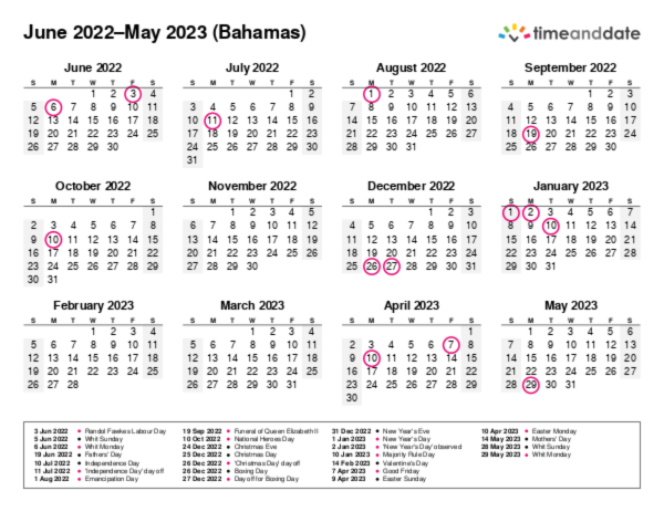 Calendar for 2022 in Bahamas