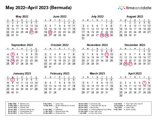 Calendar for 2022 in Bermuda