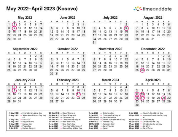 Calendar for 2022 in Kosovo