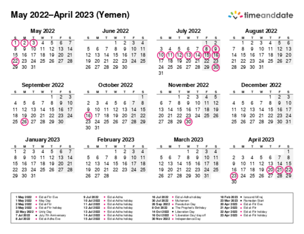 Calendar for 2022 in Yemen
