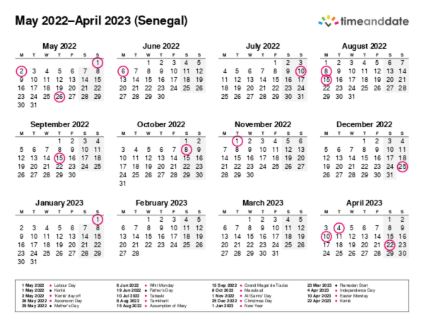 Calendar for 2022 in Senegal