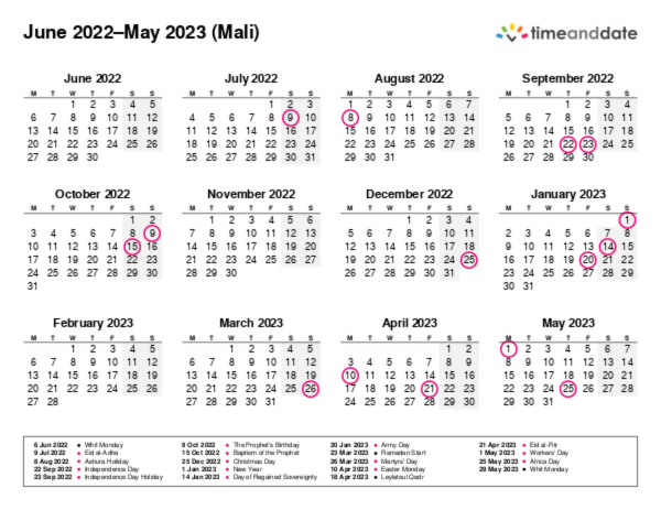 Calendar for 2022 in Mali