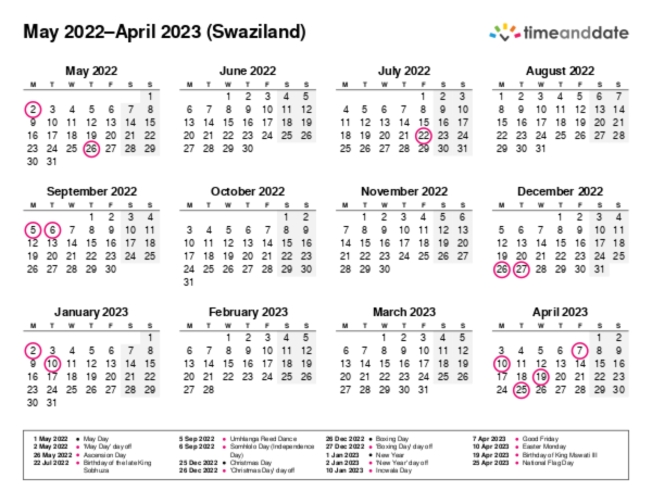 Calendar for 2022 in Swaziland