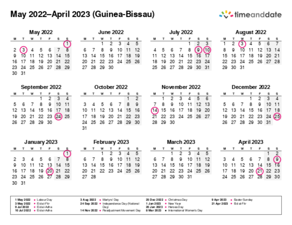 Calendar for 2022 in Guinea-Bissau
