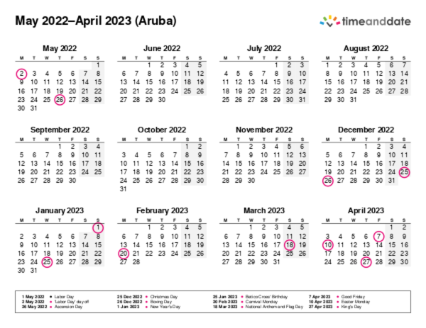 Calendar for 2022 in Aruba