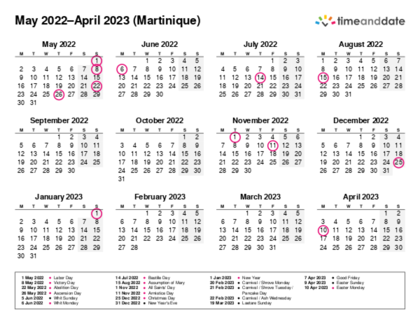 Calendar for 2022 in Martinique