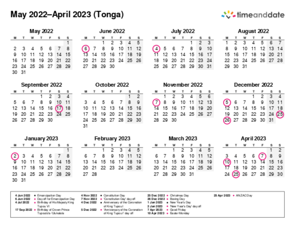 Calendar for 2022 in Tonga