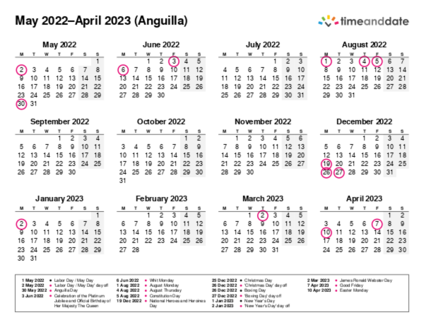 Calendar for 2022 in Anguilla