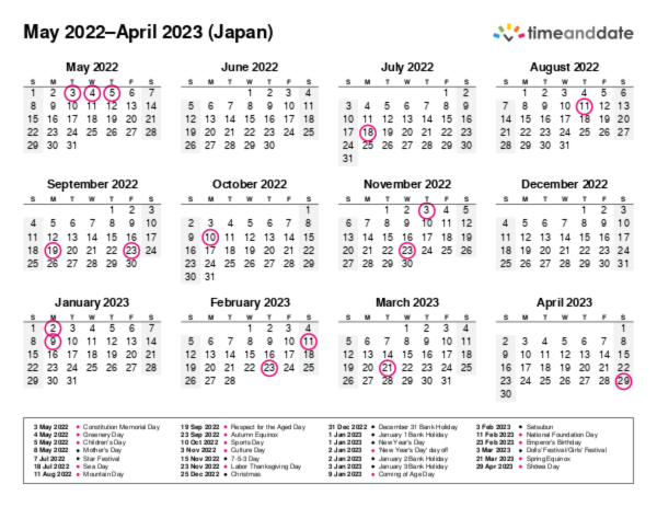 Calendar for 2022 in Japan