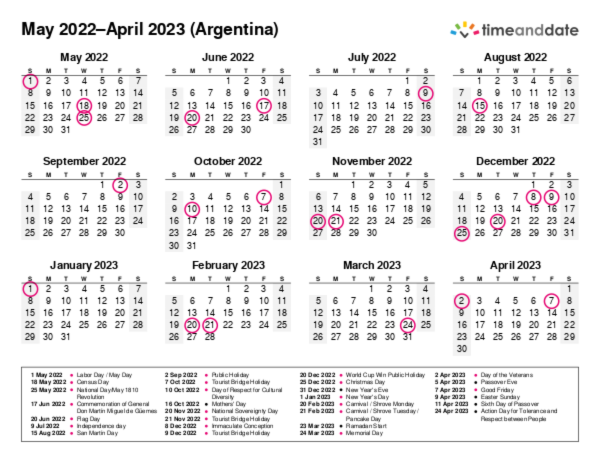 Calendar for 2022 in Argentina
