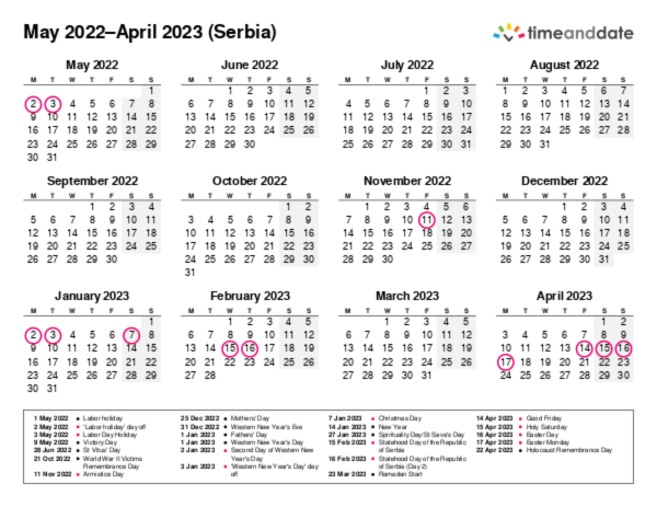 Calendar for 2022 in Serbia