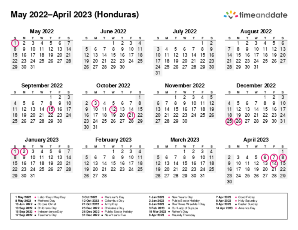 Calendar for 2022 in Honduras