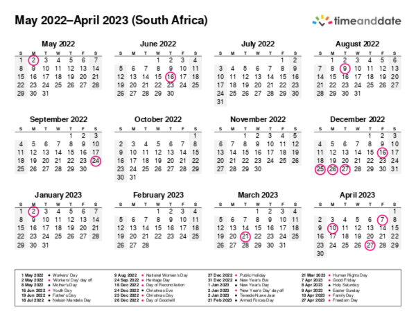 Calendar for 2022 in South Africa