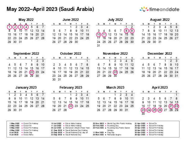 Calendar for 2022 in Saudi Arabia