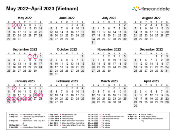 Calendar for 2022 in Vietnam