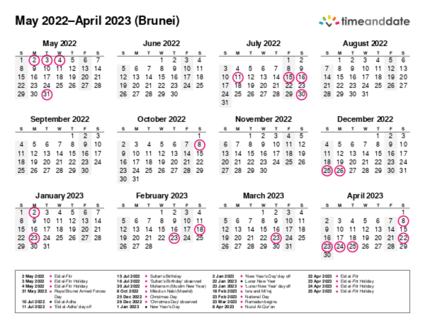 Calendar for 2022 in Brunei