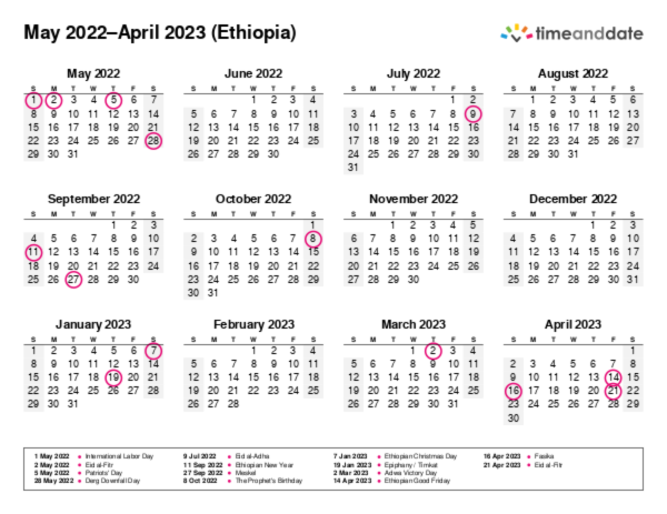 Calendar for 2022 in Ethiopia
