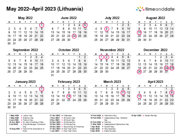 Calendar for 2022 in Lithuania
