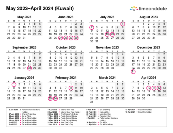 Calendar for 2023 in Kuwait