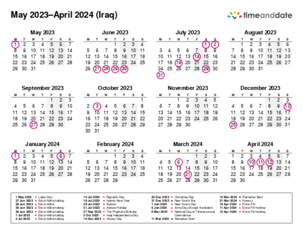 Calendar for 2023 in Iraq