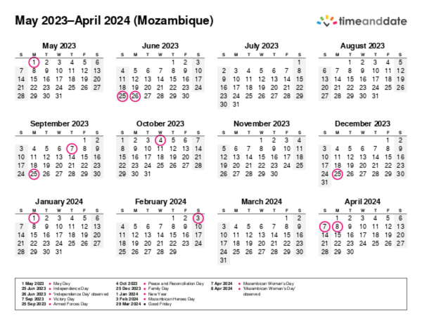 Calendar for 2023 in Mozambique