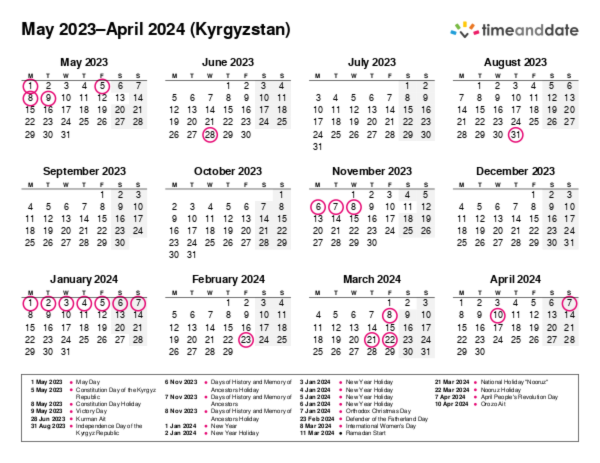 Calendar for 2023 in Kyrgyzstan