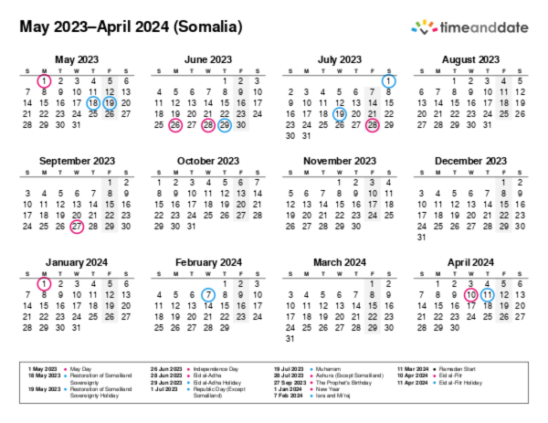 Calendar for 2023 in Somalia