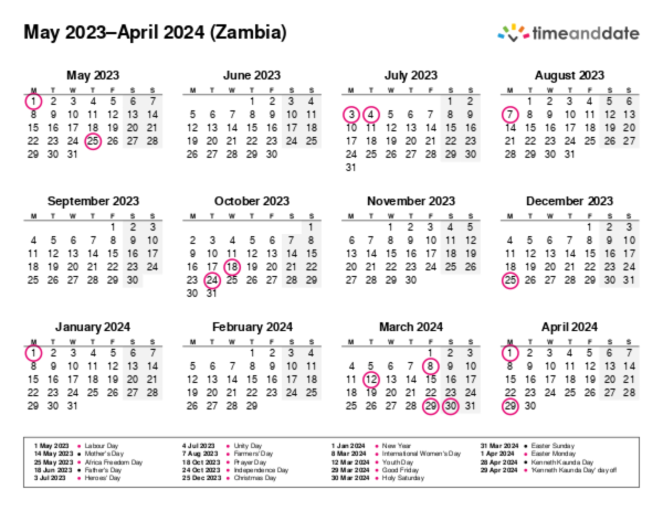 Calendar for 2023 in Zambia