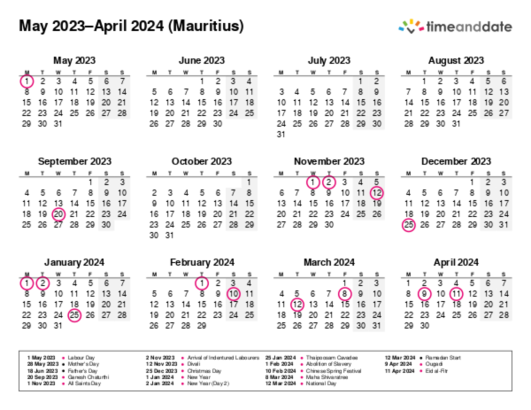 Calendar for 2023 in Mauritius