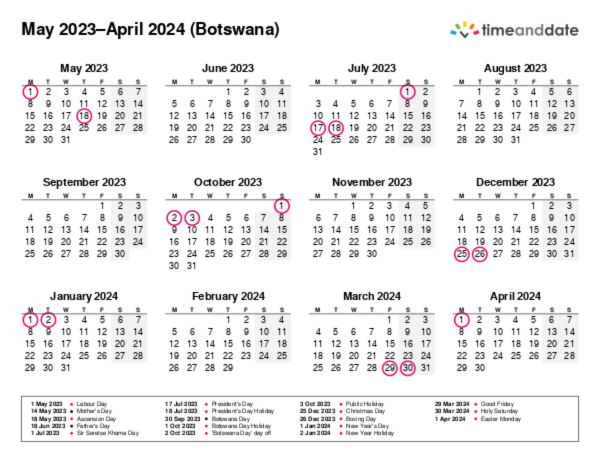 Calendar for 2023 in Botswana