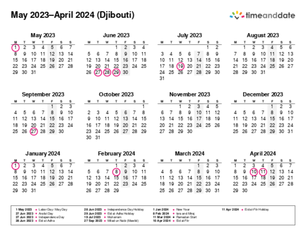 Calendar for 2023 in Djibouti