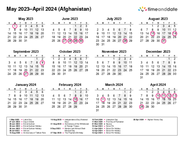 Calendar for 2023 in Afghanistan