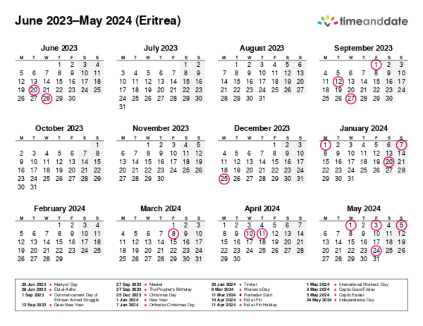 Calendar for 2023 in Eritrea
